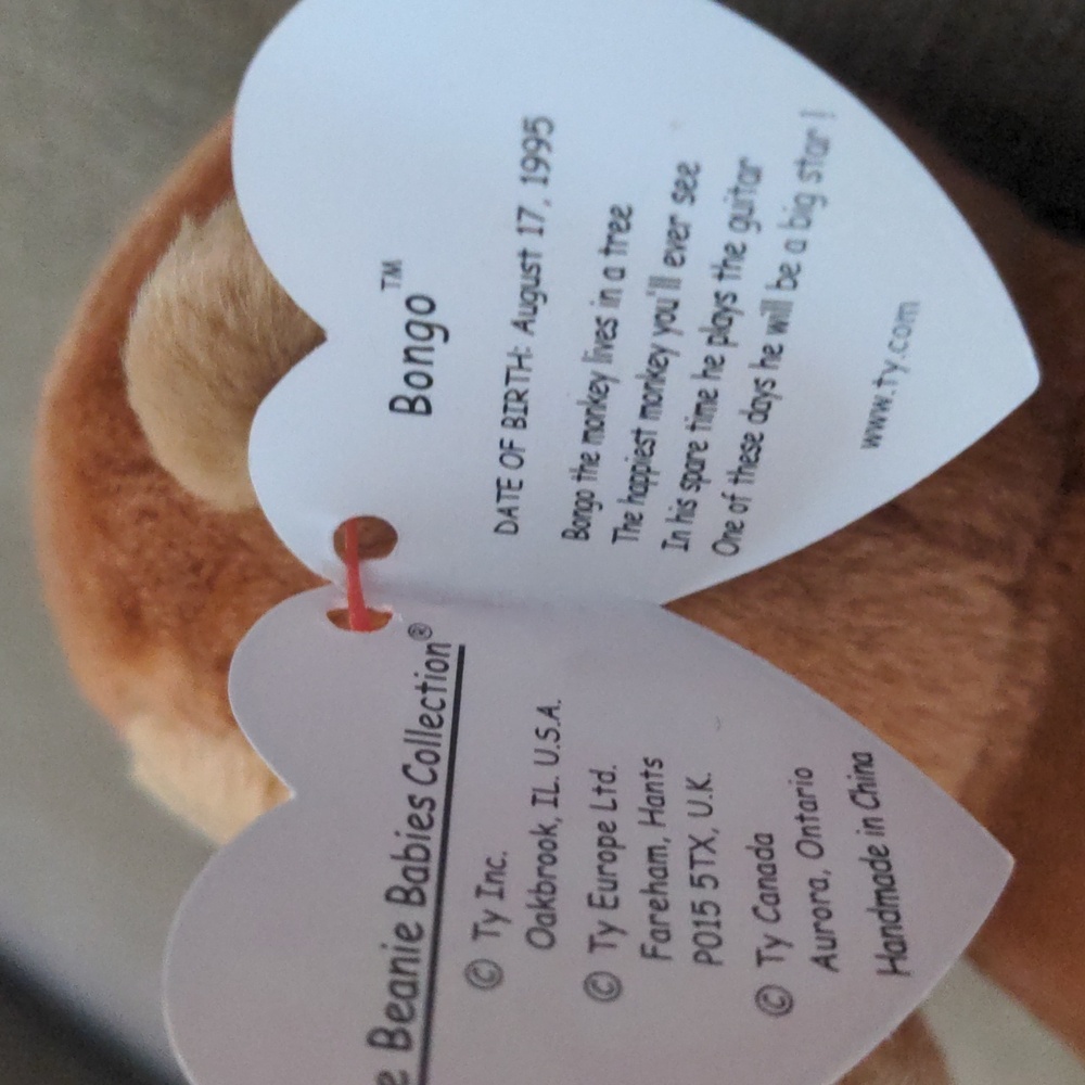 RARE Mint Condition Bongo Ty Beanie Baby Plush Brown Monkey, Tan Tail 1995 - Picture 4 of 9